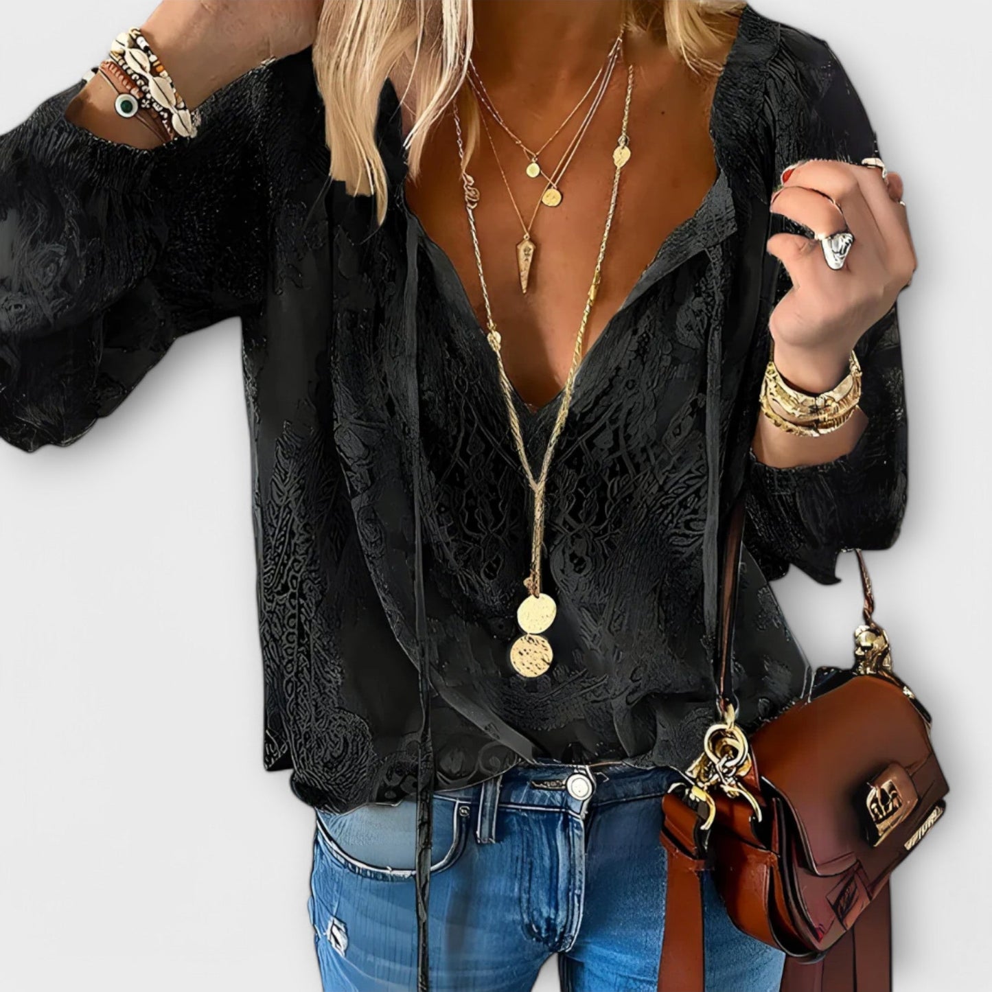 Tammie | Women's Lace V-Neck Blouse Long Sleeve Boho Top – Lace Detail, Boho