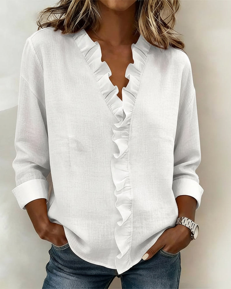 Robin | Women's Ruffle V-Neck Long Sleeve Blouse Spring Top – V-Neck, Long Sleeve
