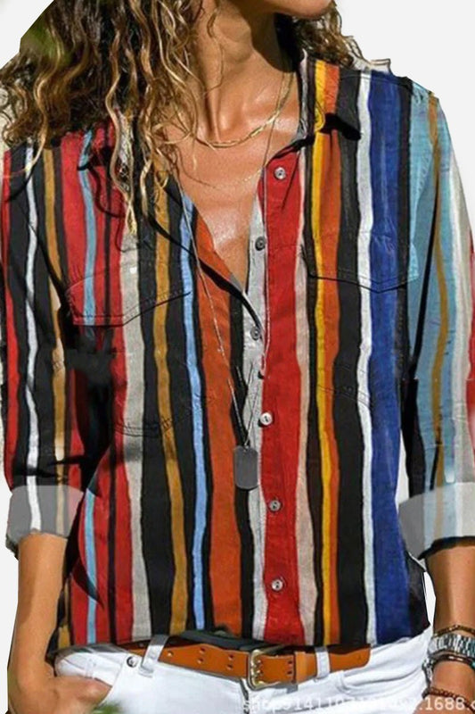 Kelli | Women's Colorful Striped Button-Down Long Sleeve Shirt – Striped, Long Sleeve