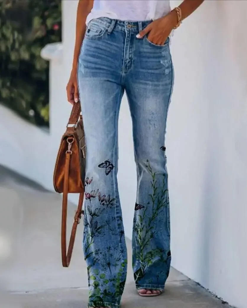 Elli | Women's Floral Print High Waist Flare Jeans – Floral Print
