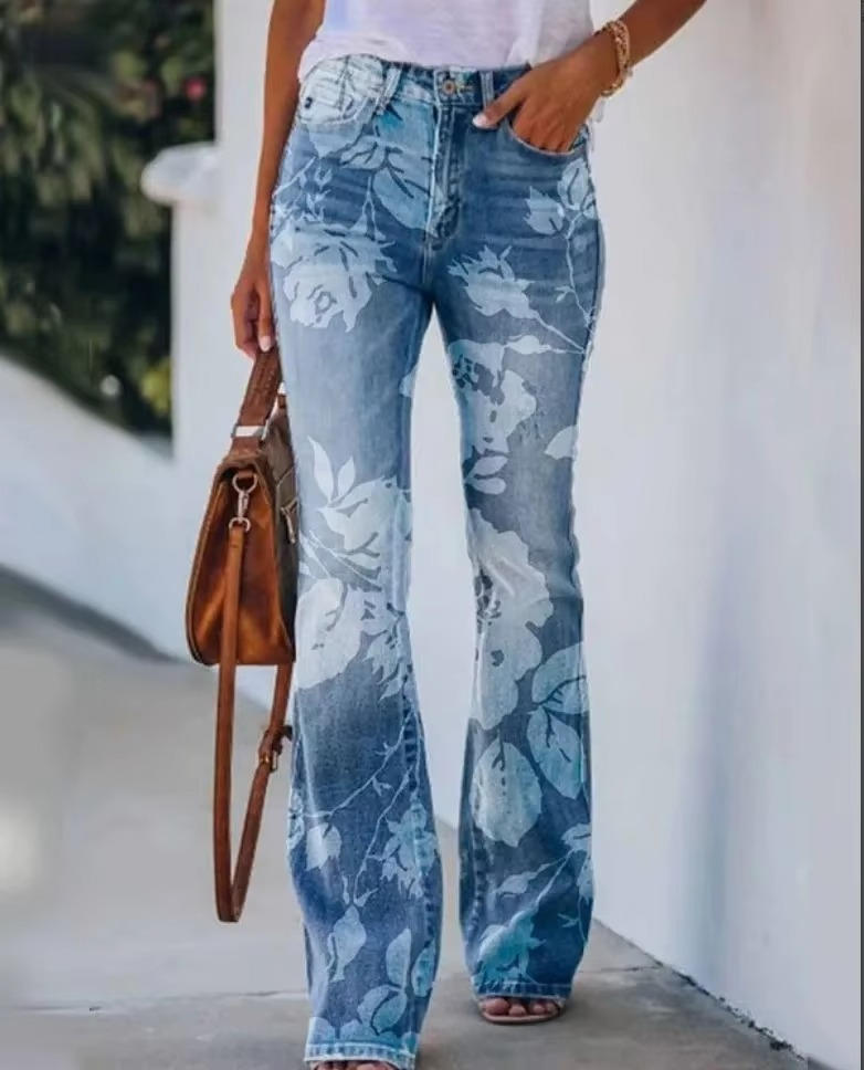 Elli | Women's Floral Print High Waist Flare Jeans – Floral Print