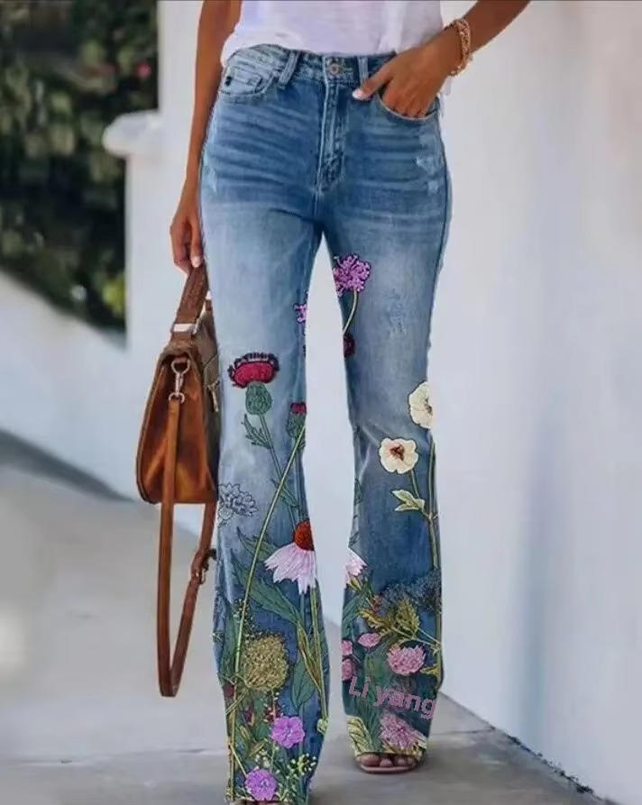 Elli | Women's Floral Print High Waist Flare Jeans – Floral Print