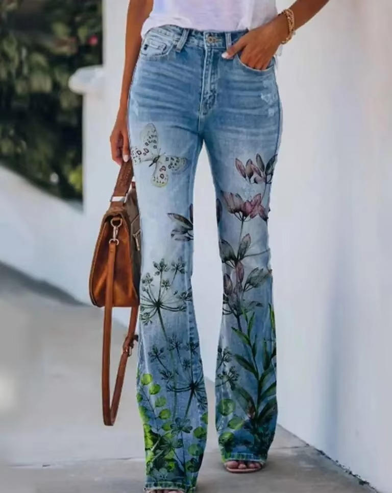 Elli | Women's Floral Print High Waist Flare Jeans – Floral Print