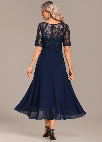 Jessie | Women's Navy Lace Short Sleeve Round Neck Dress – Lace Detail, Short Sleeve