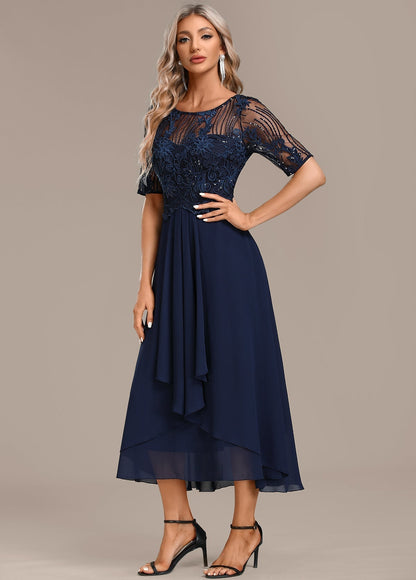 Jessie | Women's Navy Lace Short Sleeve Round Neck Dress – Lace Detail, Short Sleeve