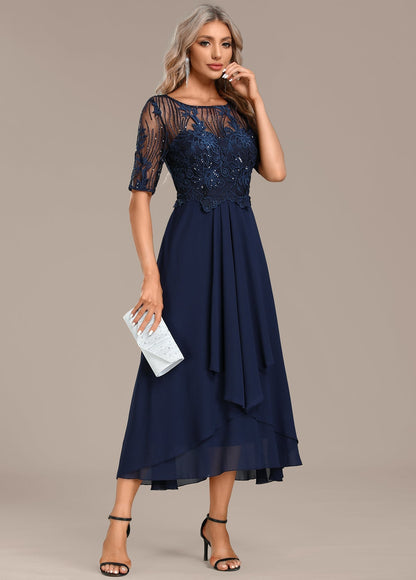 Jessie | Women's Navy Lace Short Sleeve Round Neck Dress – Lace Detail, Short Sleeve