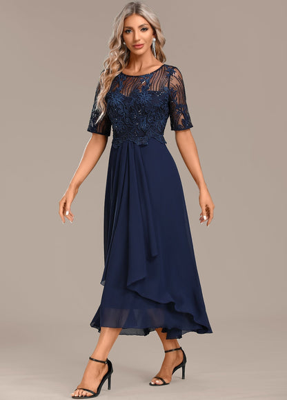 Jessie | Women's Navy Lace Short Sleeve Round Neck Dress – Lace Detail, Short Sleeve