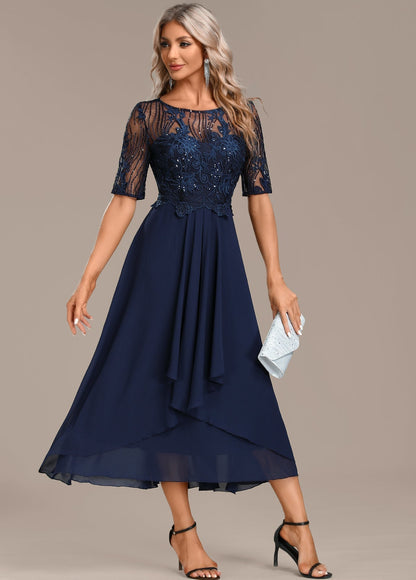 Jessie | Women's Navy Lace Short Sleeve Round Neck Dress – Lace Detail, Short Sleeve