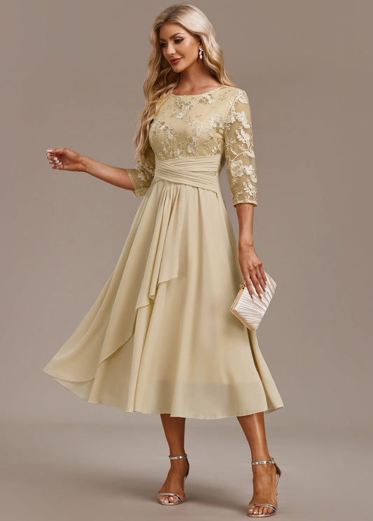 Elizabeth | Women's Champagne FLoral 3/4 Sleeve Round Neck Dress – Floral Print