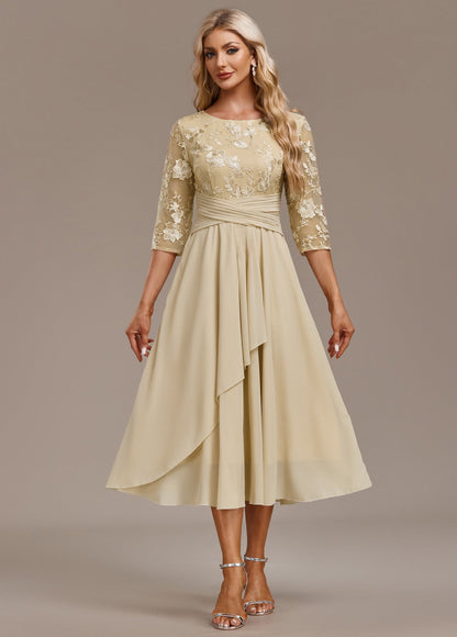 Elizabeth | Women's Champagne FLoral 3/4 Sleeve Round Neck Dress – Floral Print