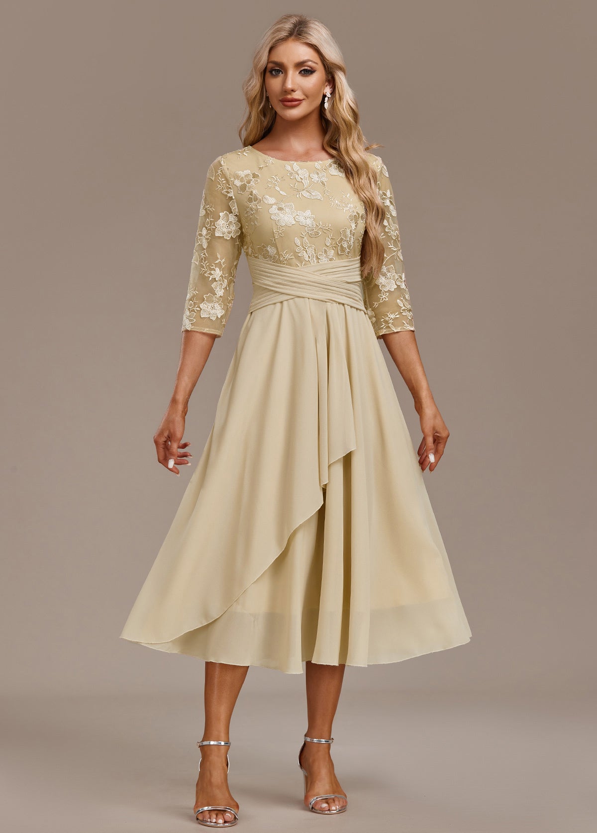Elizabeth | Women's Champagne FLoral 3/4 Sleeve Round Neck Dress – Floral Print