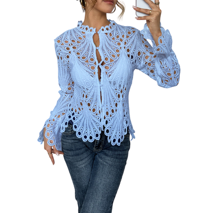 Lauri | Women's Lace Cutwork Blouse Long Sleeve Hollow Out Top – Lace Detail, Long Sleeve