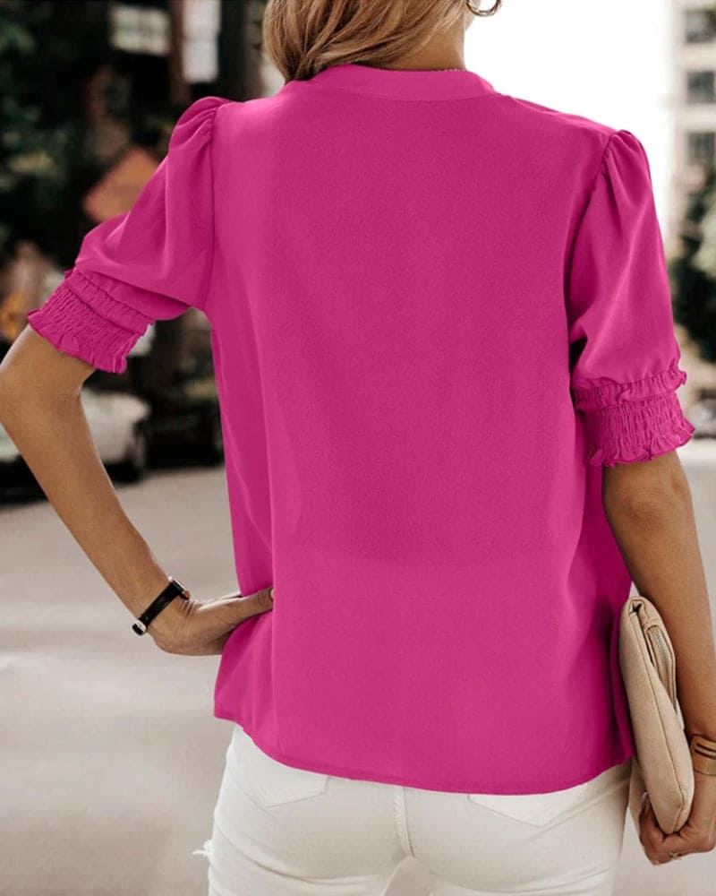 Adrienne | Women's V-Neck Puff Sleeve Blouse Short Sleeve Top – V-Neck, Short Sleeve