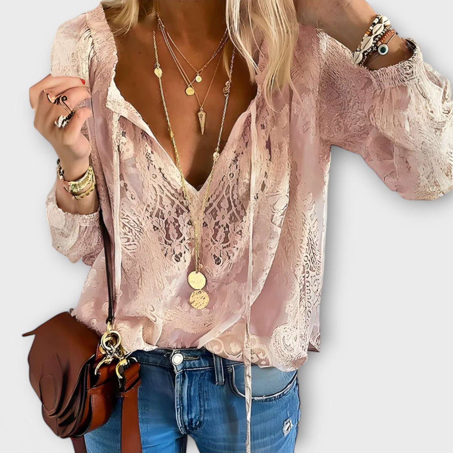 Tammie | Women's Lace V-Neck Blouse Long Sleeve Boho Top – Lace Detail, Boho