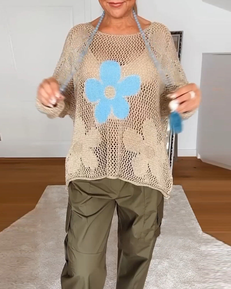 Nancy | Women's Crochet Top Floral Open Weave Long Sleeve – Floral Print, Long Sleeve