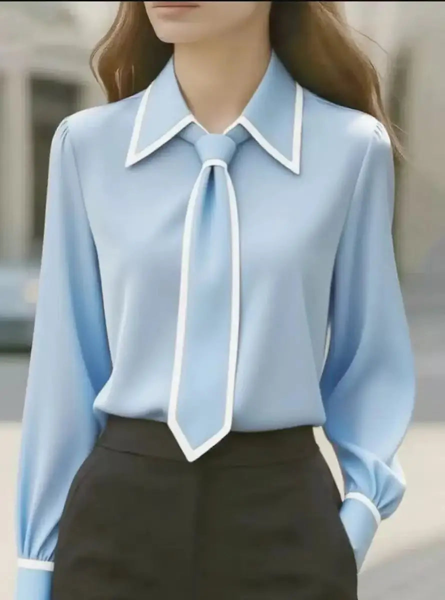 Jessica | Women's Long Sleeve Tie Neck Blouse Contrast Collar – Long Sleeve, Casual