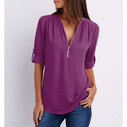 Jaizy | Women's Zip-Up V-Neck Half Sleeve Casual Blouse Top – V-Neck, Casual
