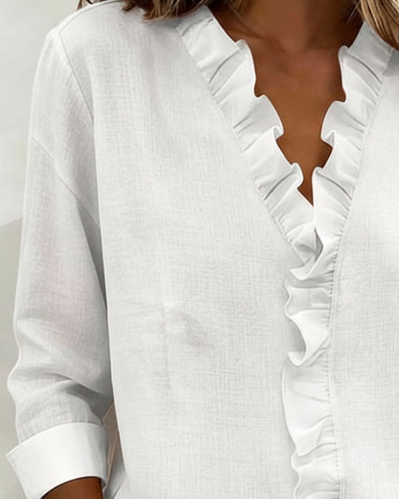 Robin | Women's Ruffle V-Neck Long Sleeve Blouse Spring Top – V-Neck, Long Sleeve
