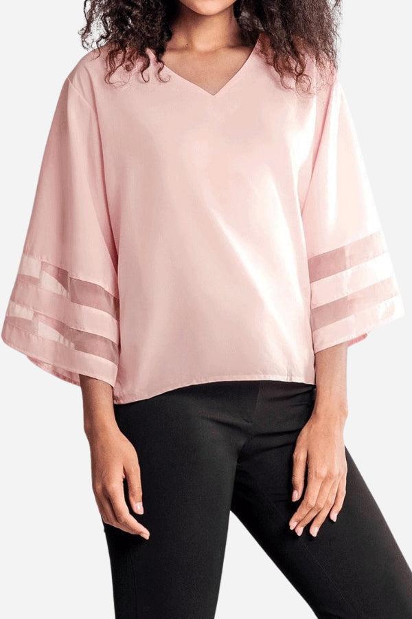 Cassandra | Women's V-Neck Bell Sleeve Blouse with Mesh Panel Detail – V-Neck, Casual