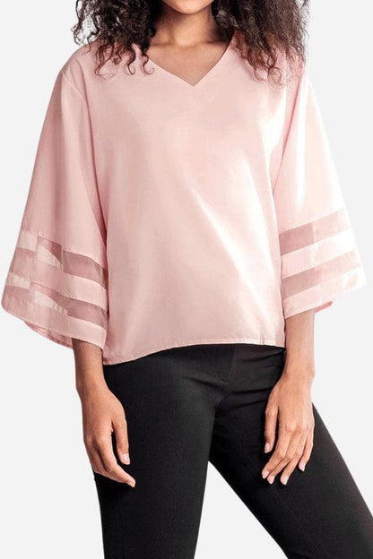 Cassandra | Women's V-Neck Bell Sleeve Blouse with Mesh Panel Detail – V-Neck, Casual