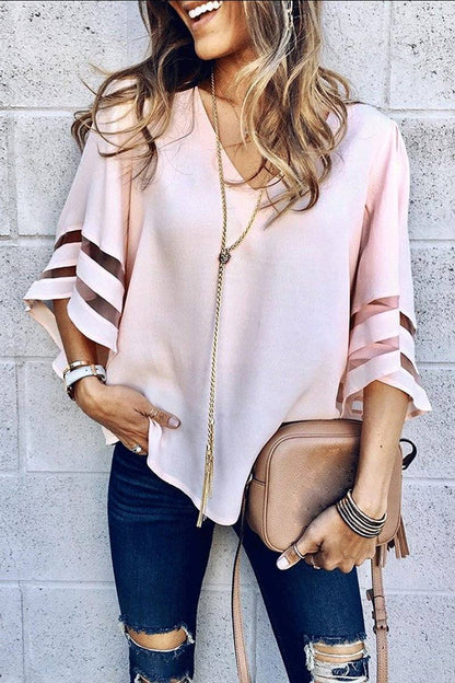 Cassandra | Women's V-Neck Bell Sleeve Blouse with Mesh Panel Detail – V-Neck, Casual