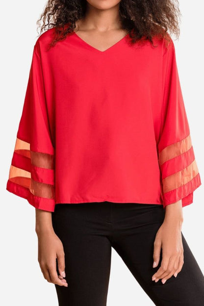 Cassandra | Women's V-Neck Bell Sleeve Blouse with Mesh Panel Detail – V-Neck, Casual