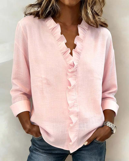 Robin | Women's Ruffle V-Neck Long Sleeve Blouse Spring Top – V-Neck, Long Sleeve