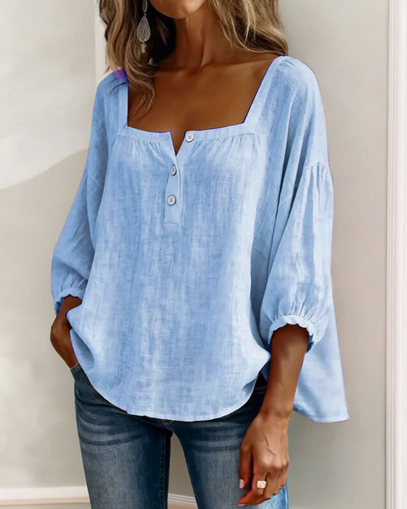 Angelina | Women's Square Neck Blouse 3/4 Puff Sleeve Button Top – Casual