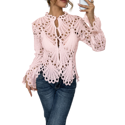Lauri | Women's Lace Cutwork Blouse Long Sleeve Hollow Out Top – Lace Detail, Long Sleeve