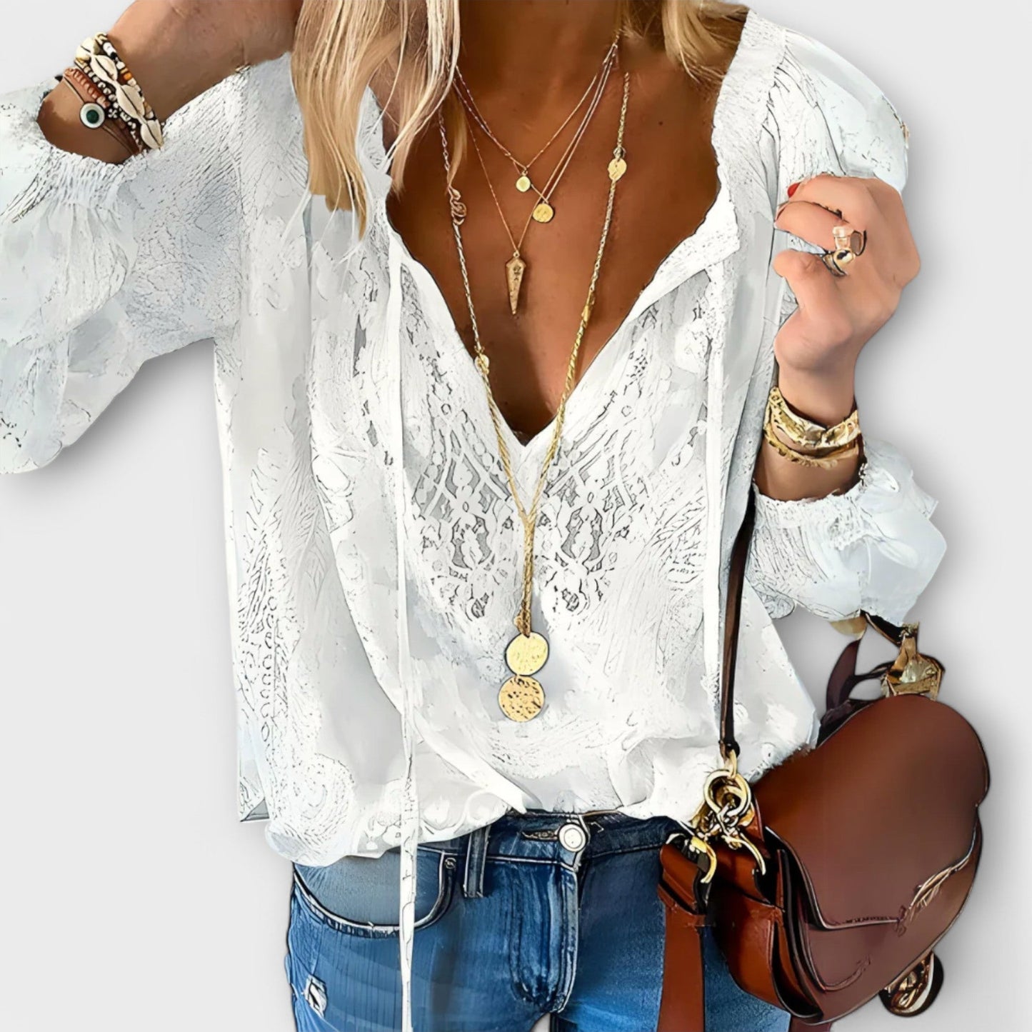 Tammie | Women's Lace V-Neck Blouse Long Sleeve Boho Top – Lace Detail, Boho