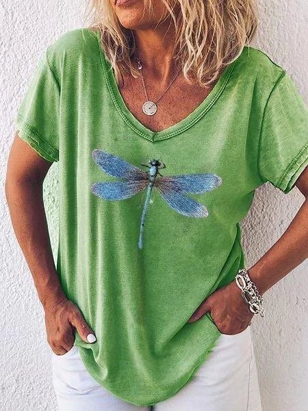 Colette | Women's Dragonfly Print V-Neck Short Sleeve Casual Tee – V-Neck, Short Sleeve