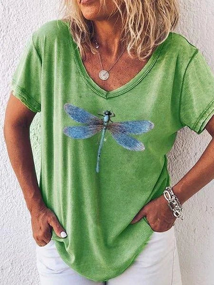 Colette | Women's Dragonfly Print V-Neck Short Sleeve Casual Tee – V-Neck, Short Sleeve