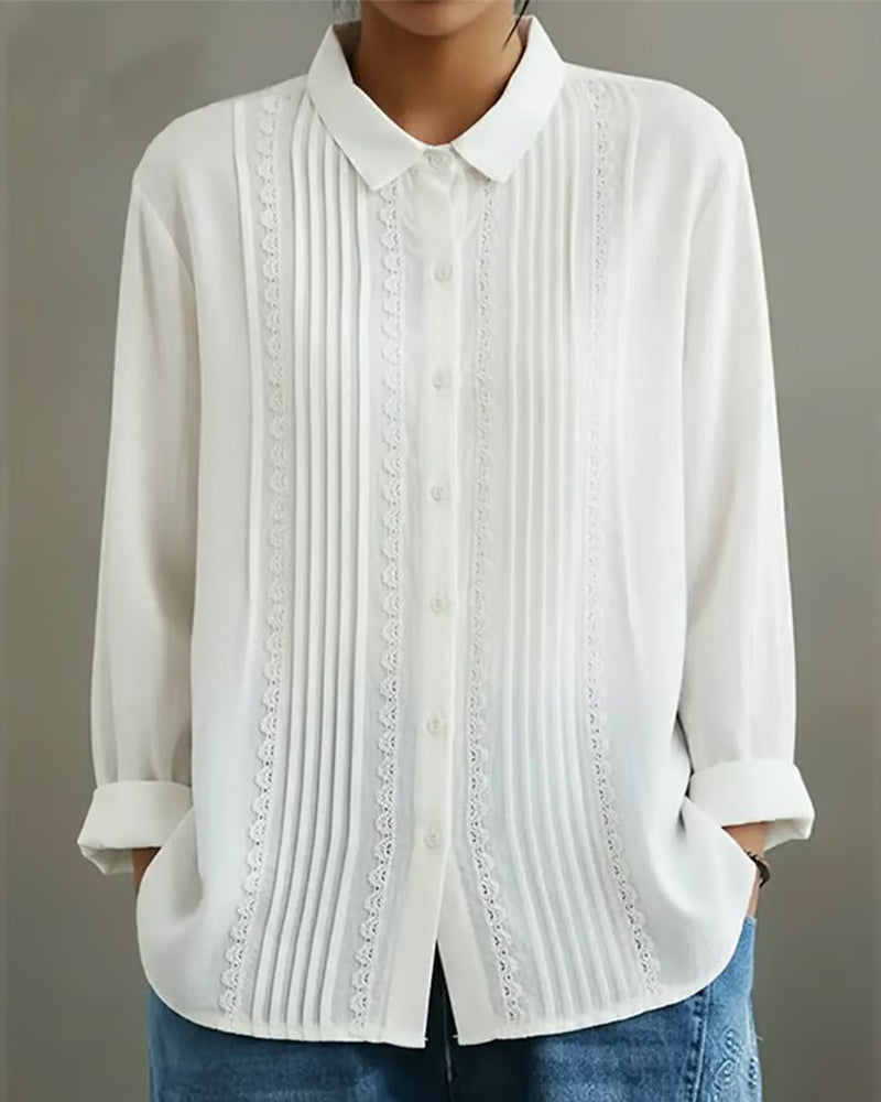 Barrel | Women's Lace Trim Button-Up Long Sleeve Blouse – Lace Detail