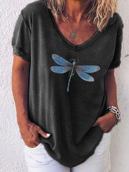 Colette | Women's Dragonfly Print V-Neck Short Sleeve Casual Tee – V-Neck, Short Sleeve