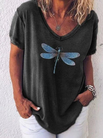 Colette | Women's Dragonfly Print V-Neck Short Sleeve Casual Tee – V-Neck, Short Sleeve
