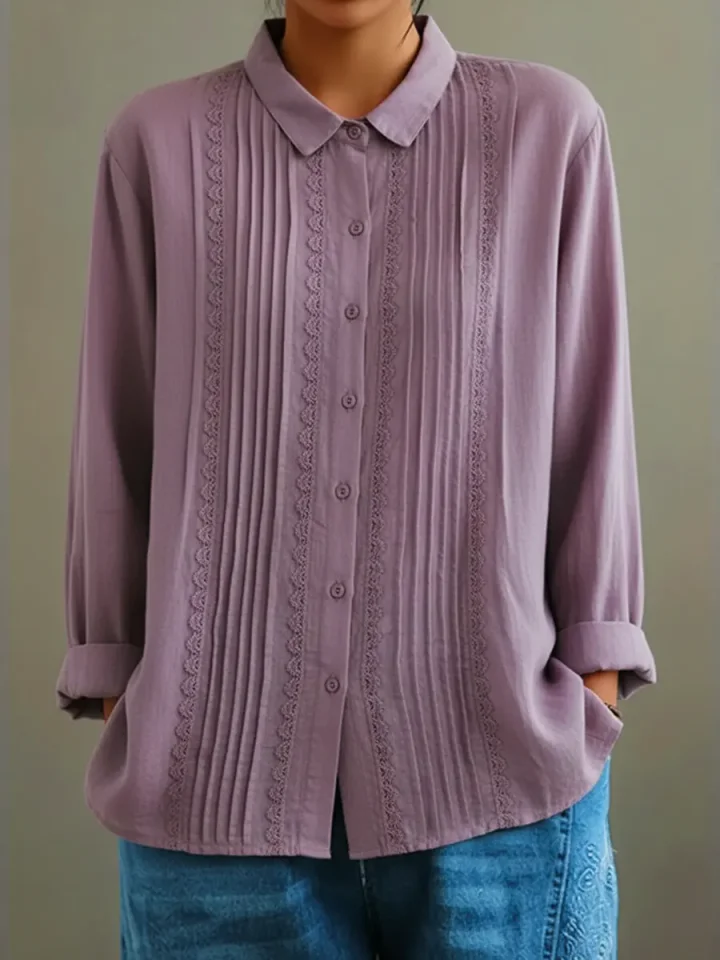 Barrel | Women's Lace Trim Button-Up Long Sleeve Blouse – Lace Detail