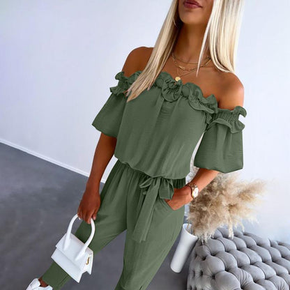 Melissa | Women's Chic Off Shoulder Frill Tie-Waist Jumpsuit – Off-Shoulder, One-Piece