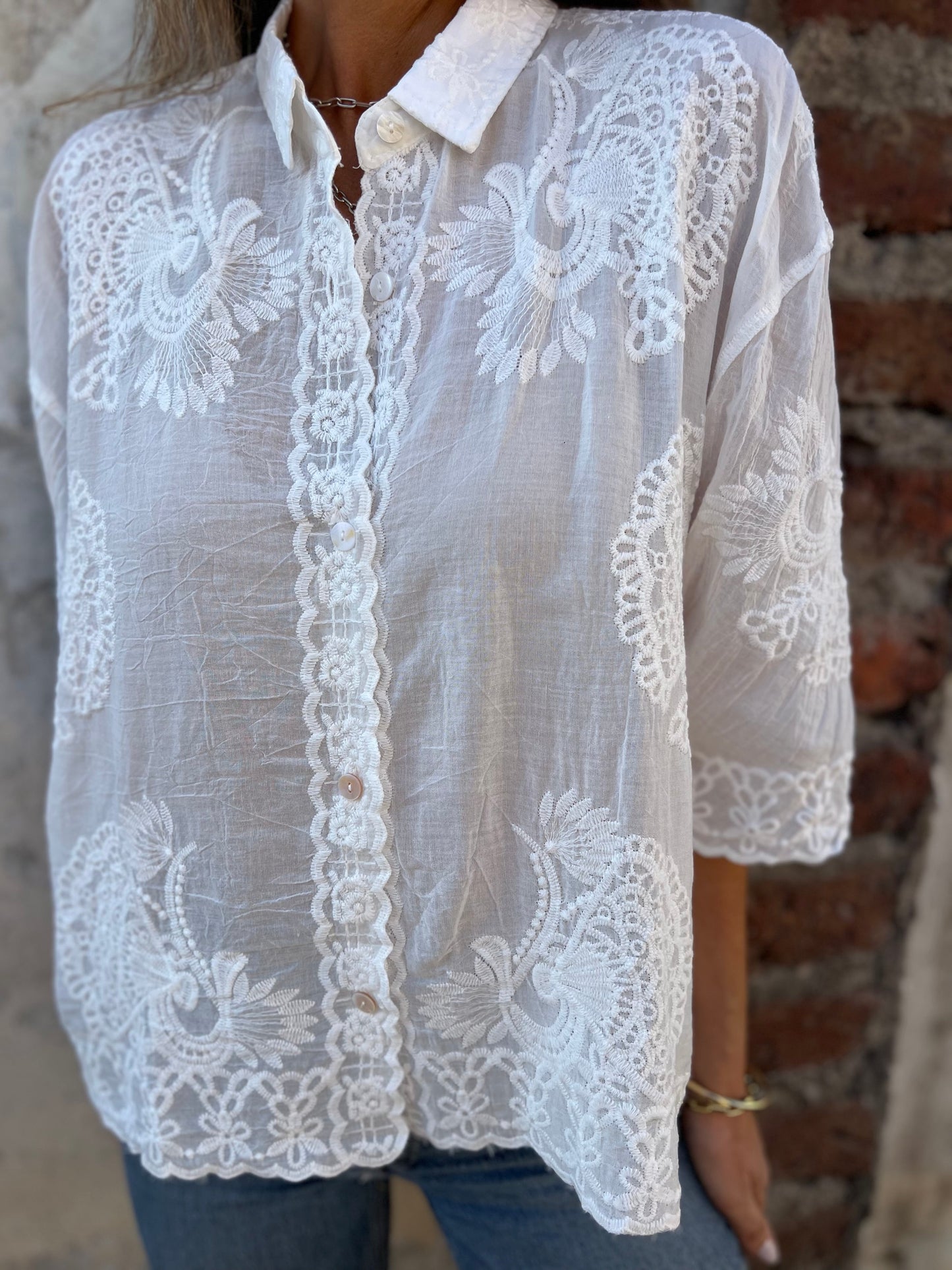 Vivian | Women's Lace Blouse Long Sleeve Button Down Embroidered Top – Lace Detail, Long Sleeve