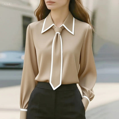 Jessica | Women's Long Sleeve Tie Neck Blouse Contrast Collar – Long Sleeve, Casual