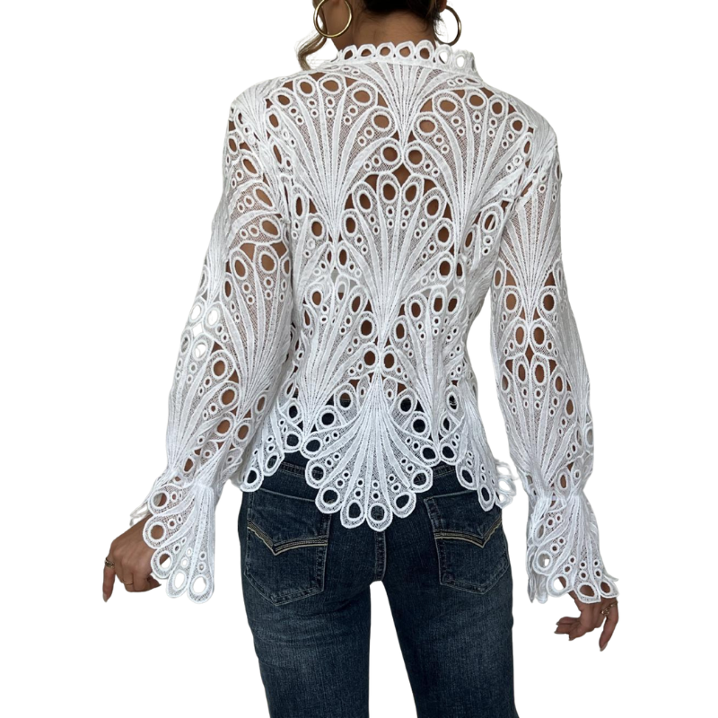 Lauri | Women's Lace Cutwork Blouse Long Sleeve Hollow Out Top – Lace Detail, Long Sleeve