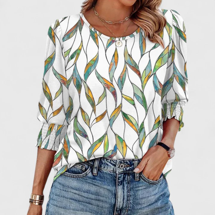 Lotus | Women's Smocked Cuff 3/4 Sleeve Crew Neck Top – Smocked