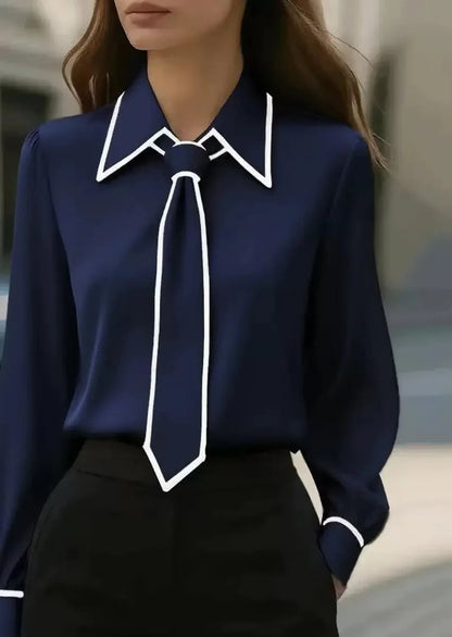 Jessica | Women's Long Sleeve Tie Neck Blouse Contrast Collar – Long Sleeve, Casual