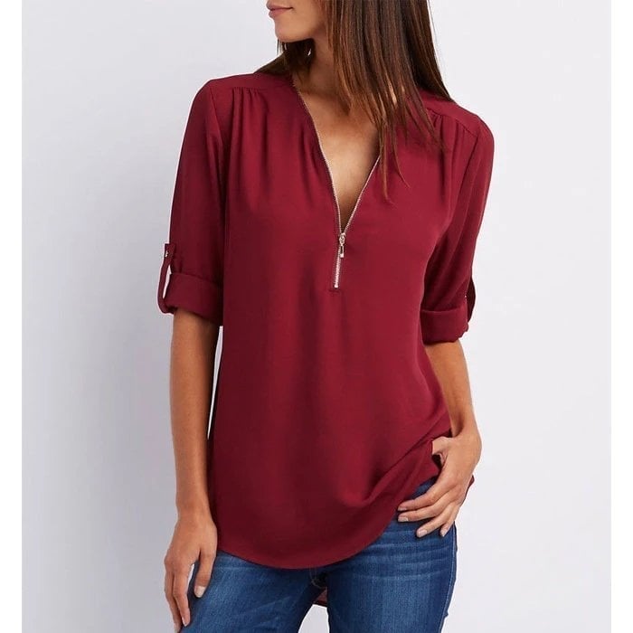 Jaizy | Women's Zip-Up V-Neck Half Sleeve Casual Blouse Top – V-Neck, Casual