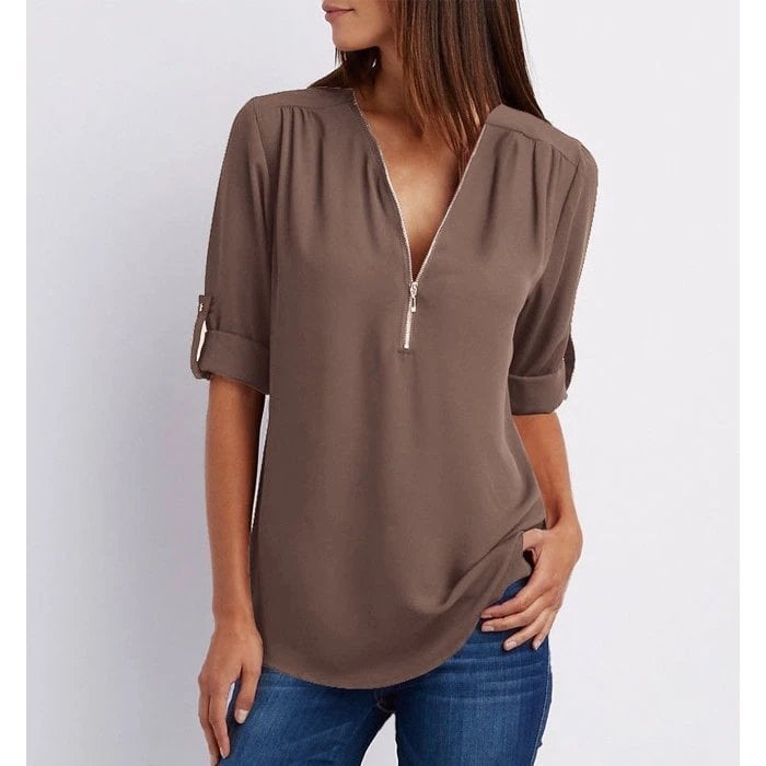 Jaizy | Women's Zip-Up V-Neck Half Sleeve Casual Blouse Top – V-Neck, Casual