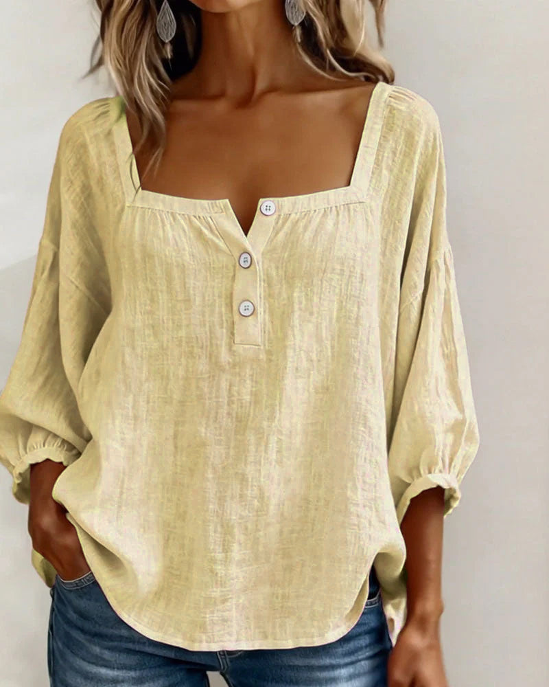 Angelina | Women's Square Neck Blouse 3/4 Puff Sleeve Button Top – Casual