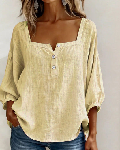 Angelina | Women's Square Neck Blouse 3/4 Puff Sleeve Button Top – Casual
