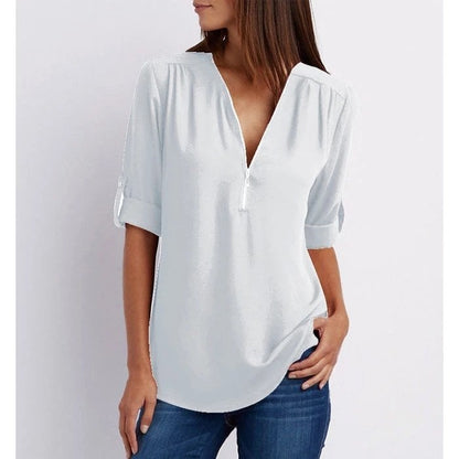 Jaizy | Women's Zip-Up V-Neck Half Sleeve Casual Blouse Top – V-Neck, Casual