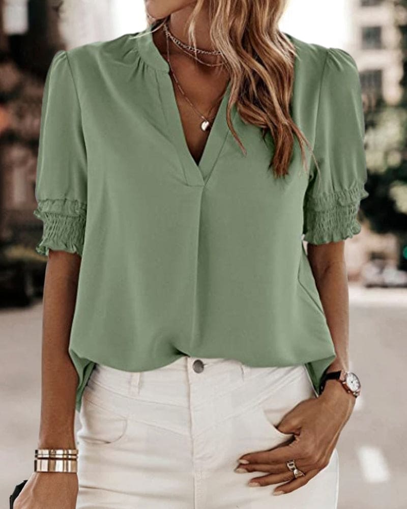 Adrienne | Women's V-Neck Puff Sleeve Blouse Short Sleeve Top – V-Neck, Short Sleeve