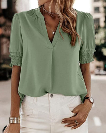 Adrienne | Women's V-Neck Puff Sleeve Blouse Short Sleeve Top – V-Neck, Short Sleeve