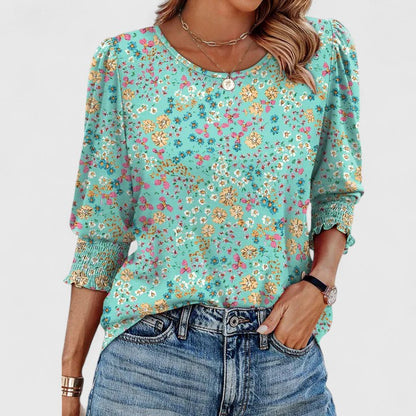 Lotus | Women's Smocked Cuff 3/4 Sleeve Crew Neck Top – Smocked